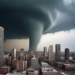 The same bustling city as before, but now a mighty tornado has appeared, its swirling winds causing chaos and making the skyscrapers sway