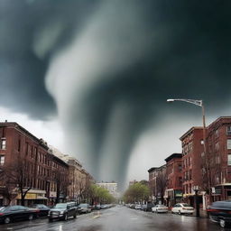 The same bustling city as before, but now a mighty tornado has appeared, its swirling winds causing chaos and making the skyscrapers sway