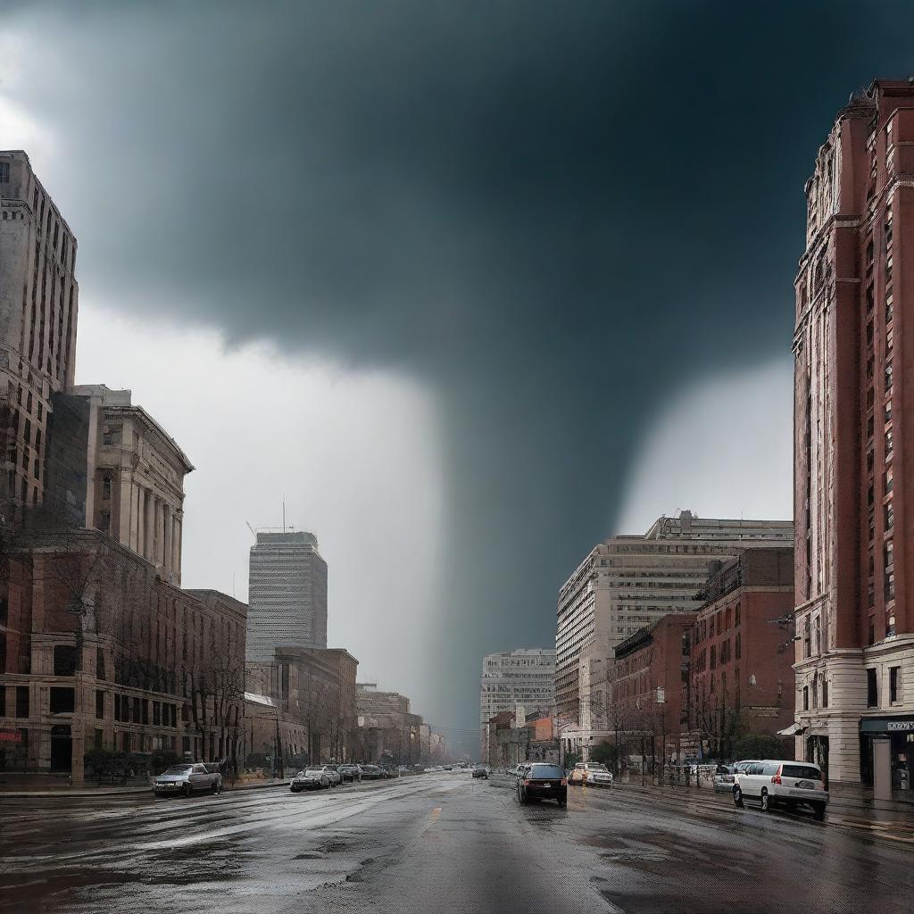 The same bustling city as before, but now a mighty tornado has appeared, its swirling winds causing chaos and making the skyscrapers sway