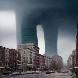 The same bustling city as before, but now a mighty tornado has appeared, its swirling winds causing chaos and making the skyscrapers sway