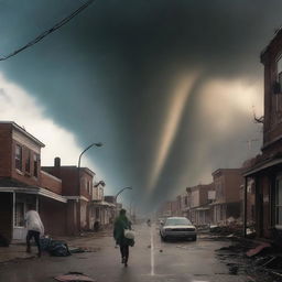 In the previously serene city, a tornado swirls menacingly