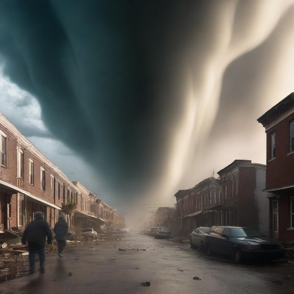 In the previously serene city, a tornado swirls menacingly