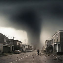 In the previously serene city, a tornado swirls menacingly