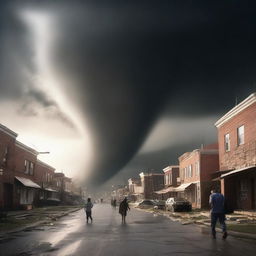 In the previously serene city, a tornado swirls menacingly