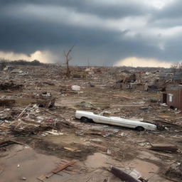 The once bustling cityscape is now a scene of devastation, with houses shattered and reduced to rubble by the unstoppable force of the tornado