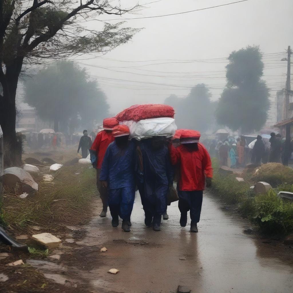 The evacuation team transports the tragically deceased citizens, their bodies gently covered, to a peaceful cemetery away from the devastated city