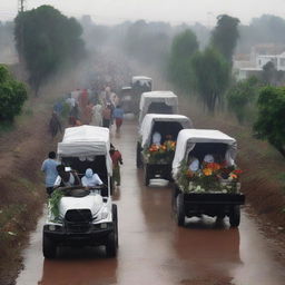 The evacuation team transports the tragically deceased citizens, their bodies gently covered, to a peaceful cemetery away from the devastated city