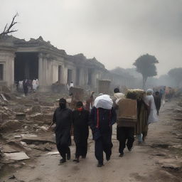 The evacuation team transports the tragically deceased citizens, their bodies gently covered, to a peaceful cemetery away from the devastated city