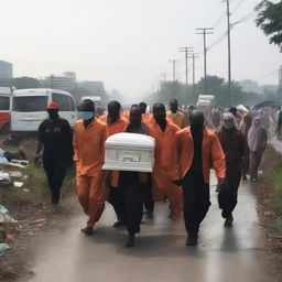 The evacuation team transports the tragically deceased citizens, their bodies gently covered, to a peaceful cemetery away from the devastated city