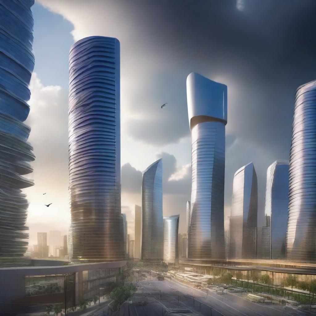 One thousand years after the devastating tornado, the same location hosts a futuristic city: sleek skyscrapers piercing the sky, advanced vehicles floating in air lanes and citizens living in harmony, a testament to resilience and progress