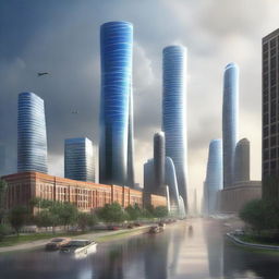 One thousand years after the devastating tornado, the same location hosts a futuristic city: sleek skyscrapers piercing the sky, advanced vehicles floating in air lanes and citizens living in harmony, a testament to resilience and progress