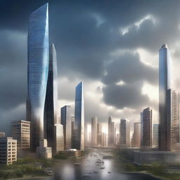 One thousand years after the devastating tornado, the same location hosts a futuristic city: sleek skyscrapers piercing the sky, advanced vehicles floating in air lanes and citizens living in harmony, a testament to resilience and progress