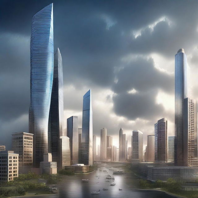 One thousand years after the devastating tornado, the same location hosts a futuristic city: sleek skyscrapers piercing the sky, advanced vehicles floating in air lanes and citizens living in harmony, a testament to resilience and progress