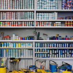 A hardware paint shop showcasing a diverse array of paint cans, color palettes and brushes. Walls lined with shelves of vibrant colors, accompanied by a neat counter with mixing equipments.