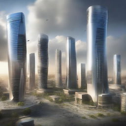 One thousand years after the devastating tornado, the same location hosts a futuristic city: sleek skyscrapers piercing the sky, advanced vehicles floating in air lanes and citizens living in harmony, a testament to resilience and progress