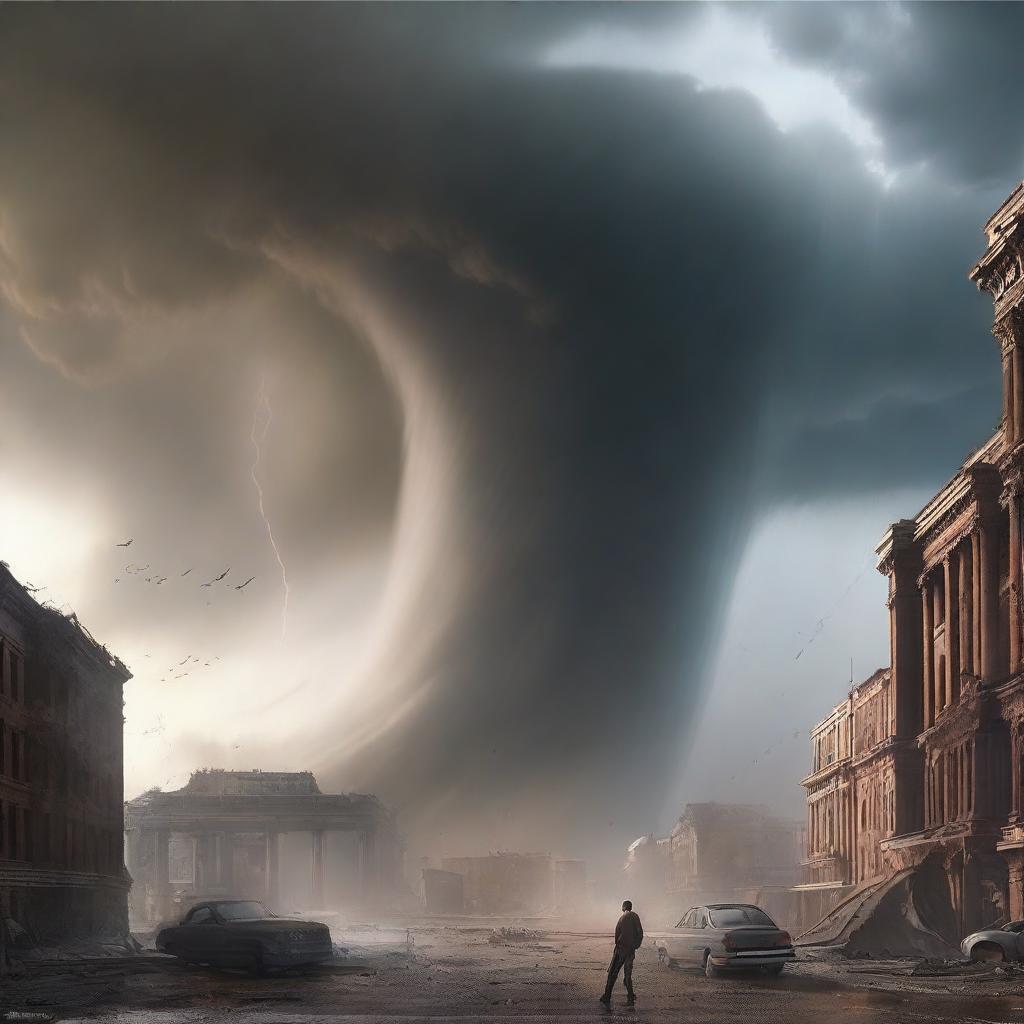 The ancient man summons another mighty tornado, a powerful whirlwind spiraling upwards