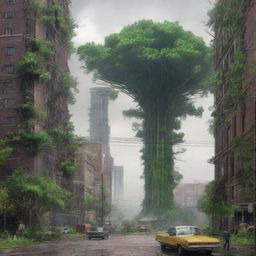 In the aftermath of the tornado, the once futuristic city is transformed into a lush forest, skyscrapers replaced with towering trees and technology giving way to untamed nature