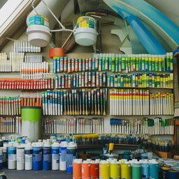 A hardware paint shop showcasing a diverse array of paint cans, color palettes and brushes. Walls lined with shelves of vibrant colors, accompanied by a neat counter with mixing equipments.