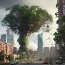 In the aftermath of the tornado, the once futuristic city is transformed into a lush forest, skyscrapers replaced with towering trees and technology giving way to untamed nature