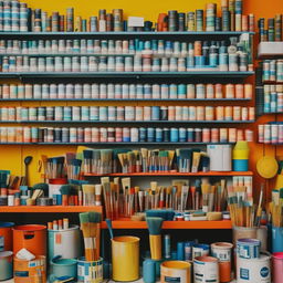 A hardware paint shop showcasing a diverse array of paint cans, color palettes and brushes. Walls lined with shelves of vibrant colors, accompanied by a neat counter with mixing equipments.