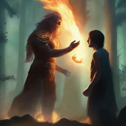 An epic confrontation: the ancient man, wreathed in mysterious energy, standing against a brave youth