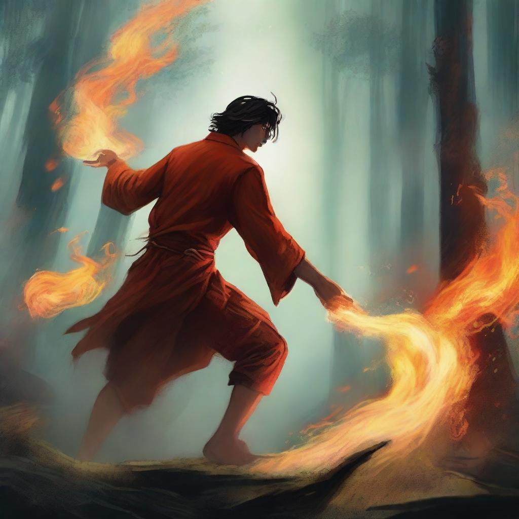 The young man sends a fiery blaze towards the ancient man with a swift movement of his hand