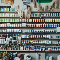 A hardware paint shop showcasing a diverse array of paint cans, color palettes and brushes. Walls lined with shelves of vibrant colors, accompanied by a neat counter with mixing equipments.