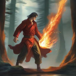 The young man sends a fiery blaze towards the ancient man with a swift movement of his hand