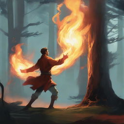 The young man sends a fiery blaze towards the ancient man with a swift movement of his hand