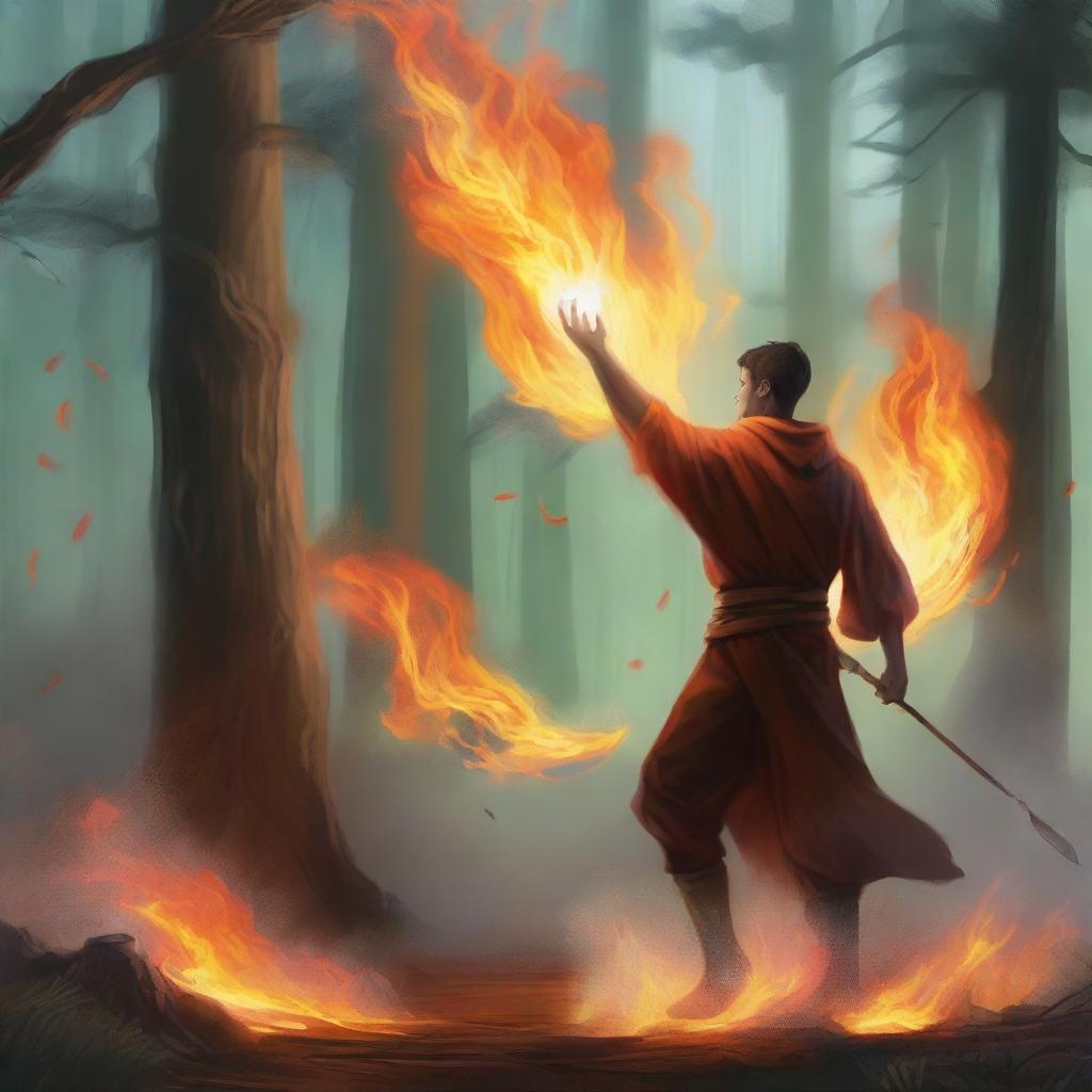 The young man sends a fiery blaze towards the ancient man with a swift movement of his hand