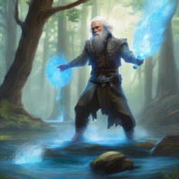 In a climactic battle, the wisened elder, armed with water magic, stands firm against the bold youth, the clash of their powers causing waves and sprays of magical water to reshape the forest around them