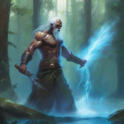 In a climactic battle, the wisened elder, armed with water magic, stands firm against the bold youth, the clash of their powers causing waves and sprays of magical water to reshape the forest around them