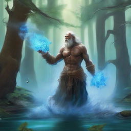 In a climactic battle, the wisened elder, armed with water magic, stands firm against the bold youth, the clash of their powers causing waves and sprays of magical water to reshape the forest around them