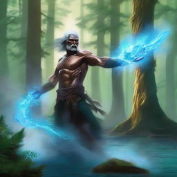 In a climactic battle, the wisened elder, armed with water magic, stands firm against the bold youth, the clash of their powers causing waves and sprays of magical water to reshape the forest around them