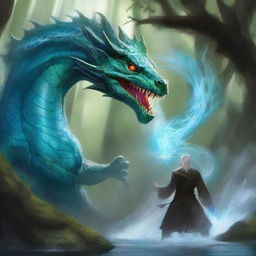 As the battle intensifies, the elder deftly summons a water dragon with his magic