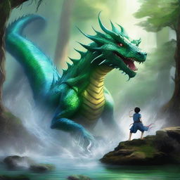 The summoned water dragon attacks the brave youth