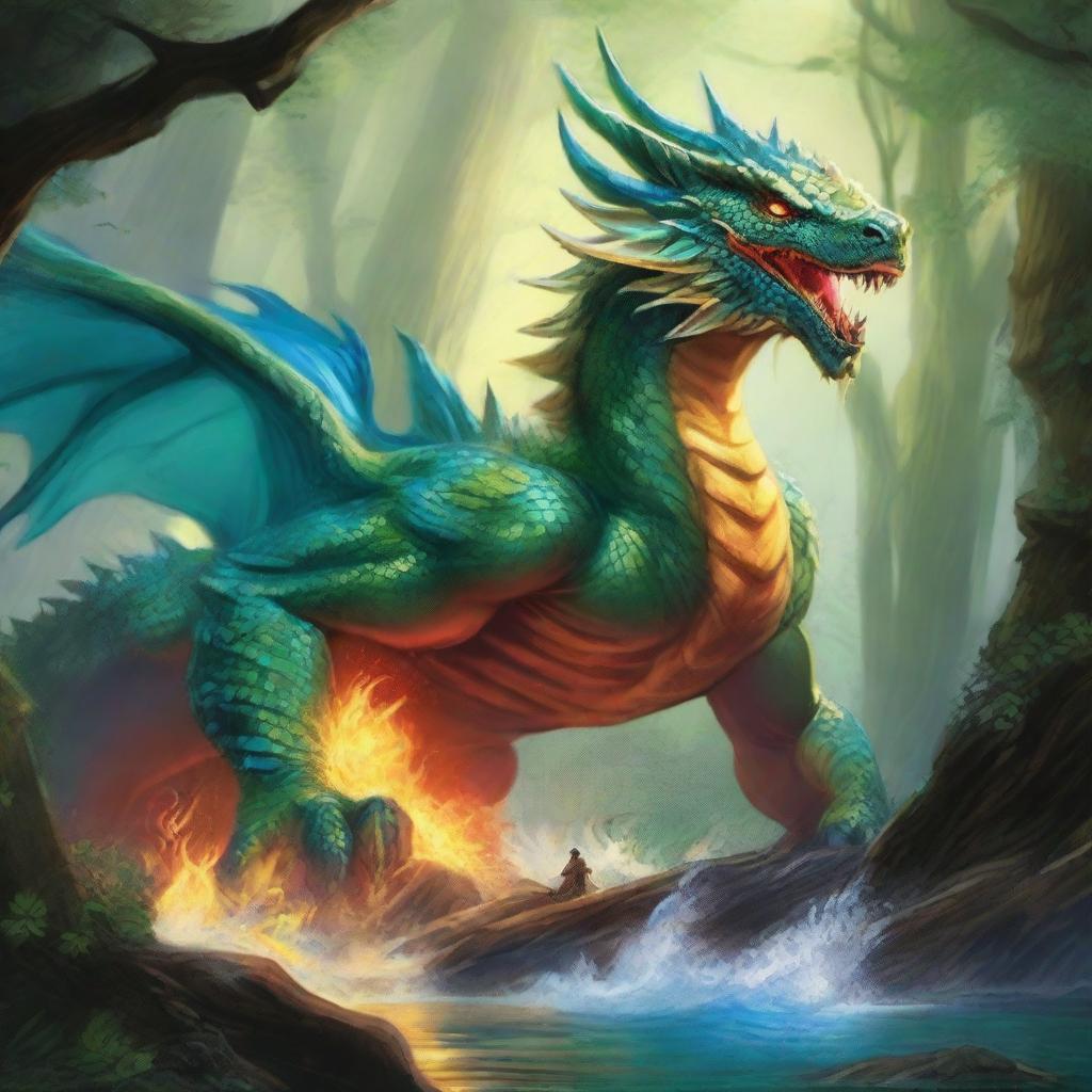 The one hundred elemental dragons launch themselves at the solitary water dragon, their fire, earth, wind, and wood powers creating a breathtaking clash of elements as they try to overpower the aquatic adversary in the heart of the forest