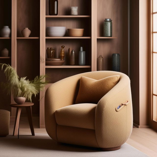 Design a distinct and comfortable chair, blending seamlessly into a cozy home interior design.