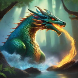 The one hundred elemental dragons launch themselves at the solitary water dragon, their fire, earth, wind, and wood powers creating a breathtaking clash of elements as they try to overpower the aquatic adversary in the heart of the forest