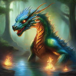 The one hundred elemental dragons launch themselves at the solitary water dragon, their fire, earth, wind, and wood powers creating a breathtaking clash of elements as they try to overpower the aquatic adversary in the heart of the forest