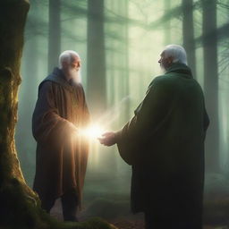 The youth, empowered with divine magic, confronts the elderly man