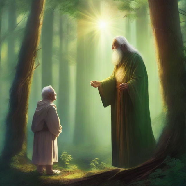 The youth, empowered with divine magic, confronts the elderly man