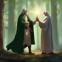 The youth, empowered with divine magic, confronts the elderly man