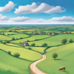 A serene, idyllic countryside scene with green fields stretching towards a horizon dotted with quaint village homes, livestock grazing in pastures and winding country roads under a bright blue sky with fluffy clouds