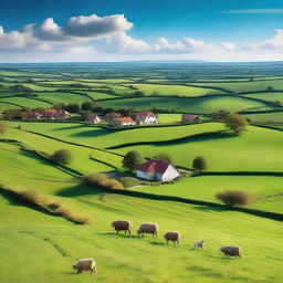 A serene, idyllic countryside scene with green fields stretching towards a horizon dotted with quaint village homes, livestock grazing in pastures and winding country roads under a bright blue sky with fluffy clouds