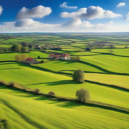 A serene, idyllic countryside scene with green fields stretching towards a horizon dotted with quaint village homes, livestock grazing in pastures and winding country roads under a bright blue sky with fluffy clouds