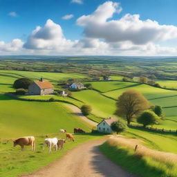 A serene, idyllic countryside scene with green fields stretching towards a horizon dotted with quaint village homes, livestock grazing in pastures and winding country roads under a bright blue sky with fluffy clouds