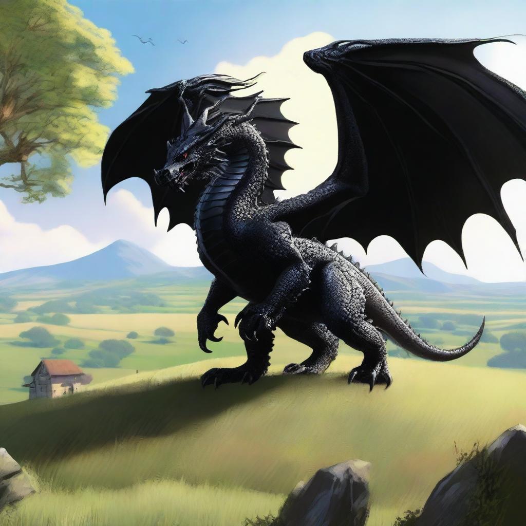 The serene countryside scene takes a dramatic turn as a massive black dragon descends from the sky, casting its formidable shadow across the pastoral tableau, its scales glinting in the sunlight