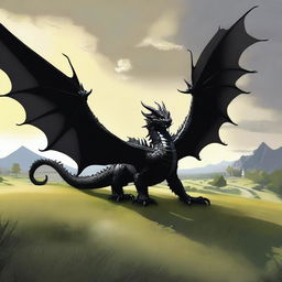 The serene countryside scene takes a dramatic turn as a massive black dragon descends from the sky, casting its formidable shadow across the pastoral tableau, its scales glinting in the sunlight