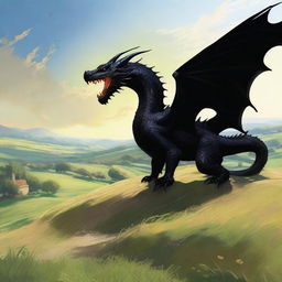 The serene countryside scene takes a dramatic turn as a massive black dragon descends from the sky, casting its formidable shadow across the pastoral tableau, its scales glinting in the sunlight